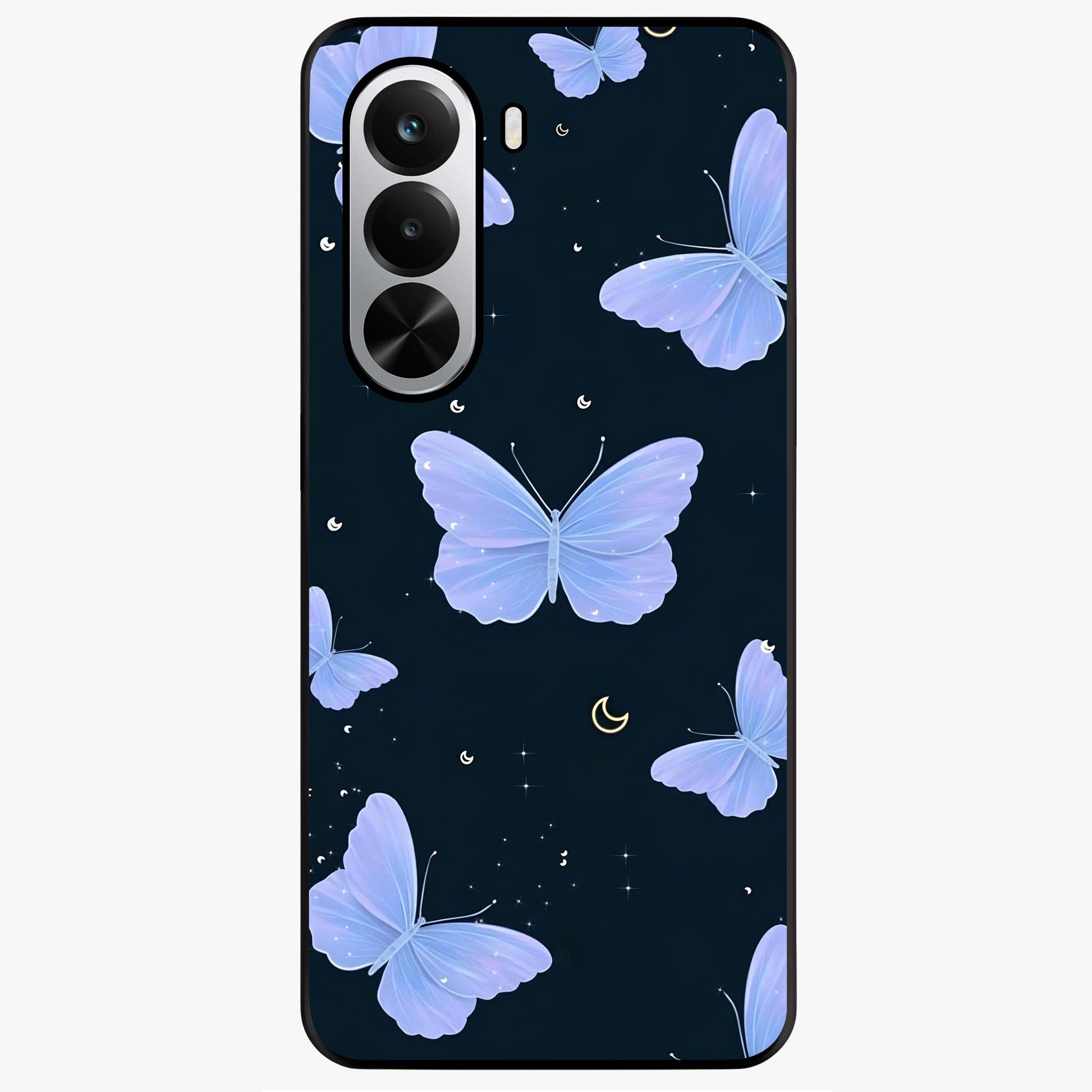 Butterfly With Stars Pattern Glass Case showing flat back view with butterfly and star pattern artwork and glossy glass finish.