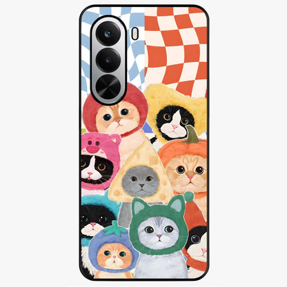Cats in Fruits Glass Case showing flat back view with playful cat illustrations inside fruit artwork and glossy glass finish.