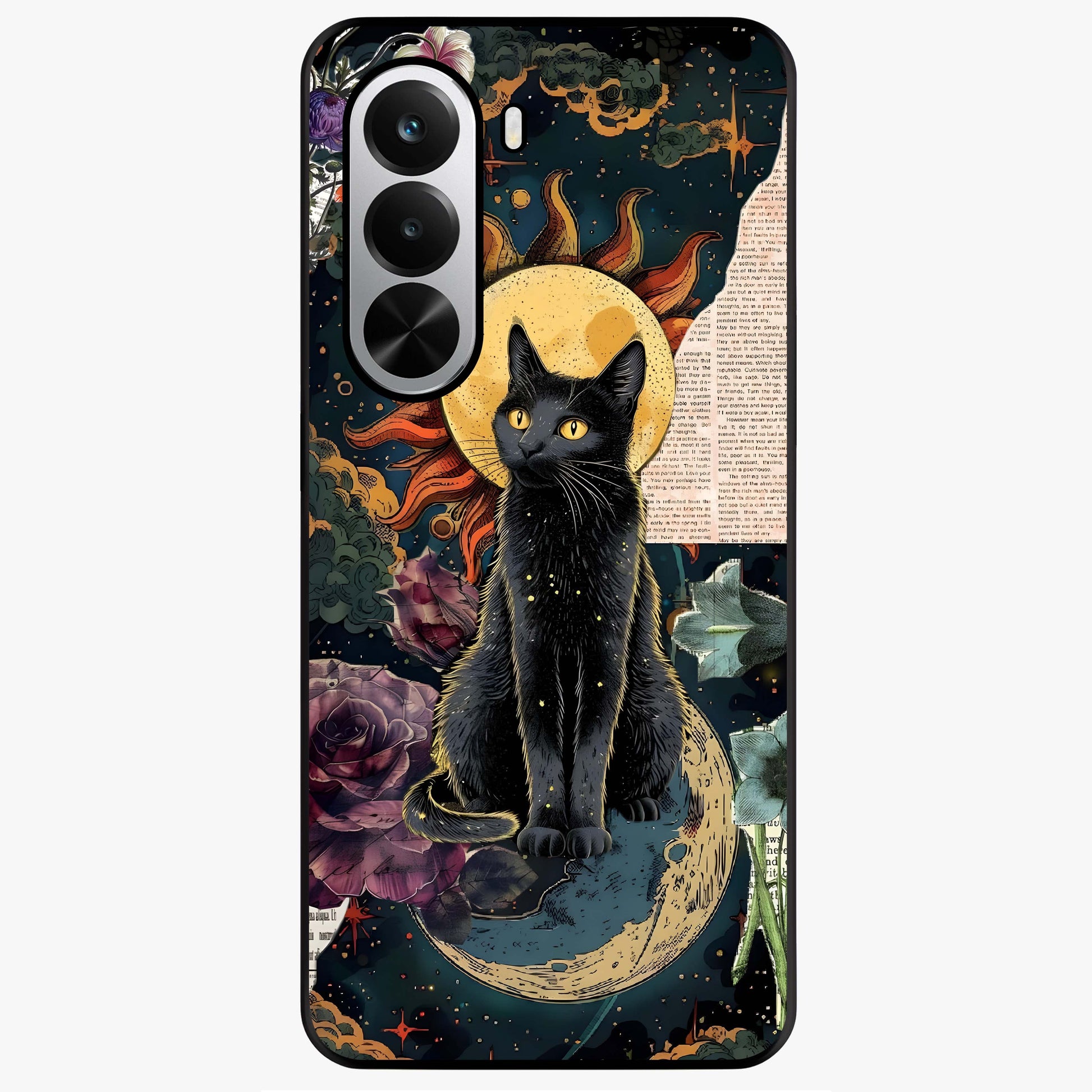Celestial Black Cat Glass Case showing flat back view with mystical black cat artwork and glossy glass finish.