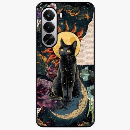 Celestial Black Cat Glass Case showing flat back view with mystical black cat artwork and glossy glass finish.