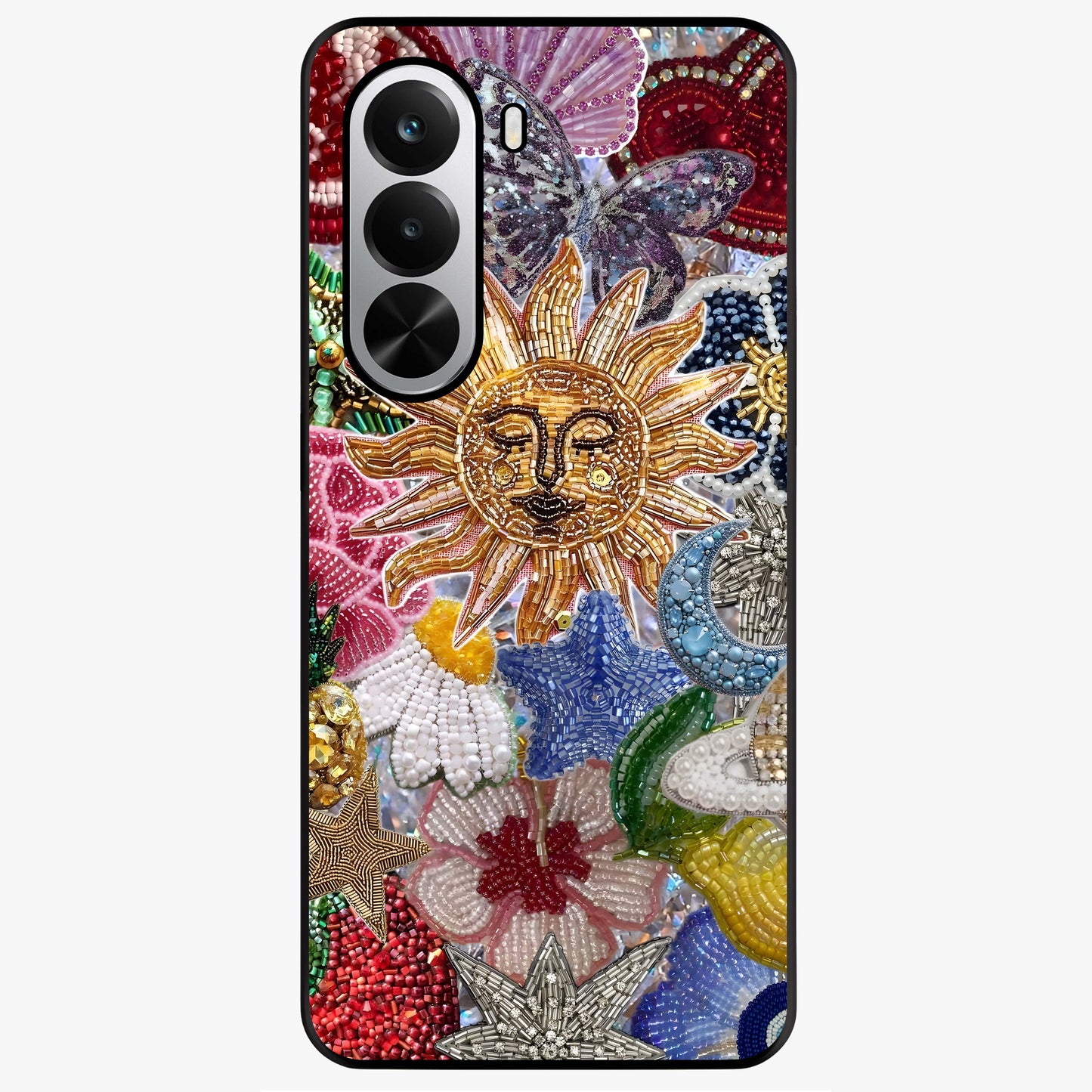 Celestial Floral and Playful Glass Case showing flat back view with floral and celestial themed artwork and glossy glass finish.