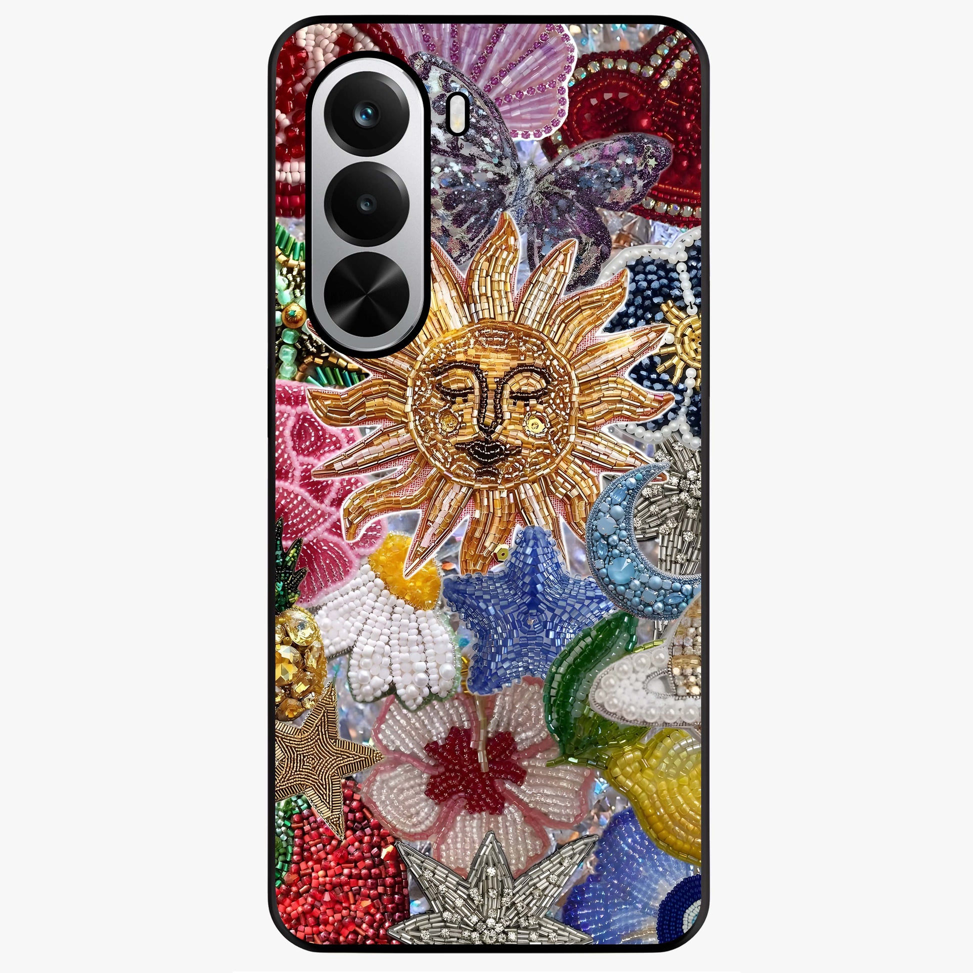 Celestial Floral and Playful Glass Case showing flat back view with floral and celestial themed artwork and glossy glass finish.