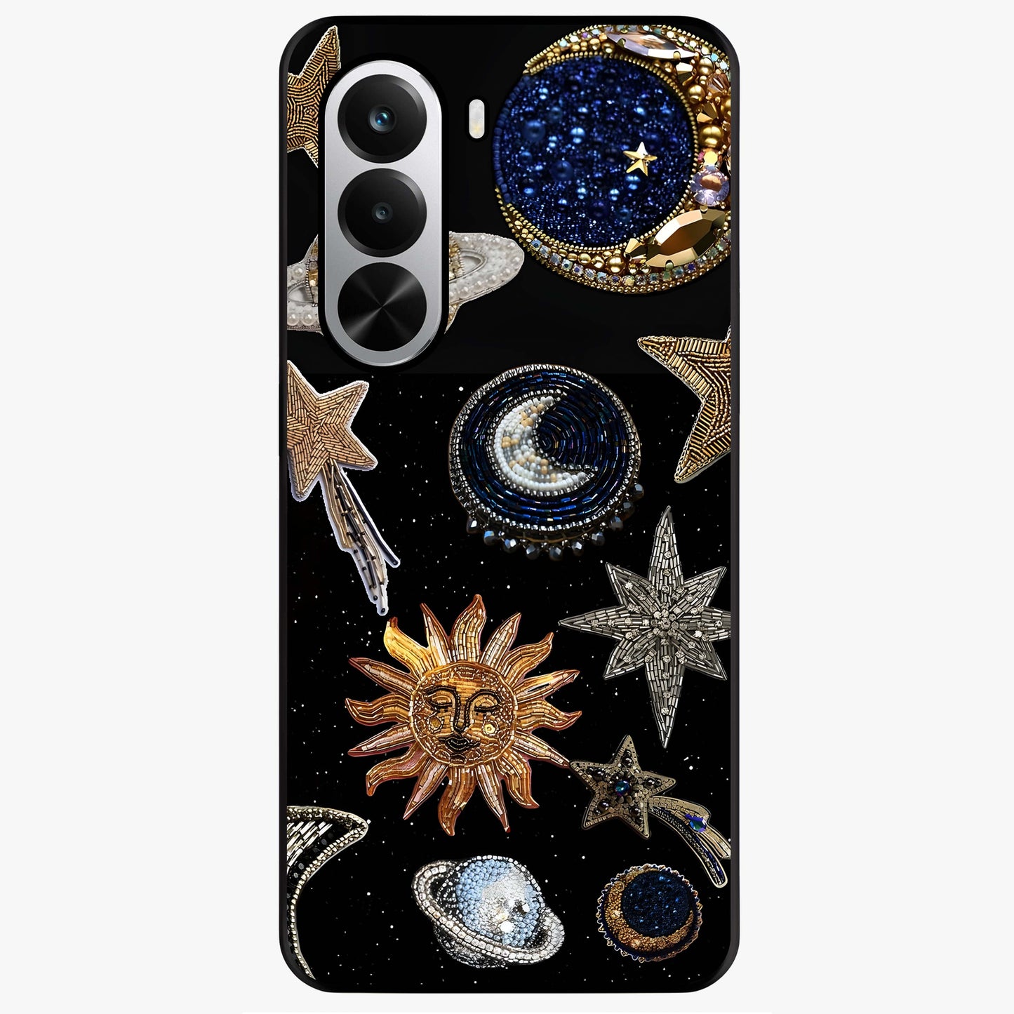 Celestial Gem Constellations Glass Case showing flat back view with sparkling constellation artwork and glossy glass finish.