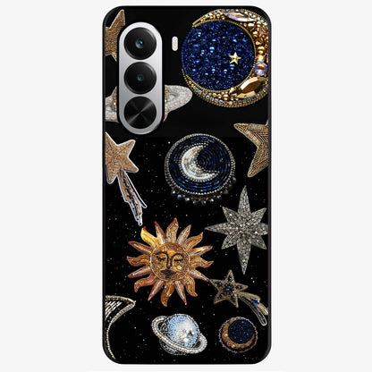 Celestial Gem Constellations Glass Case showing flat back view with sparkling constellation artwork and glossy glass finish.