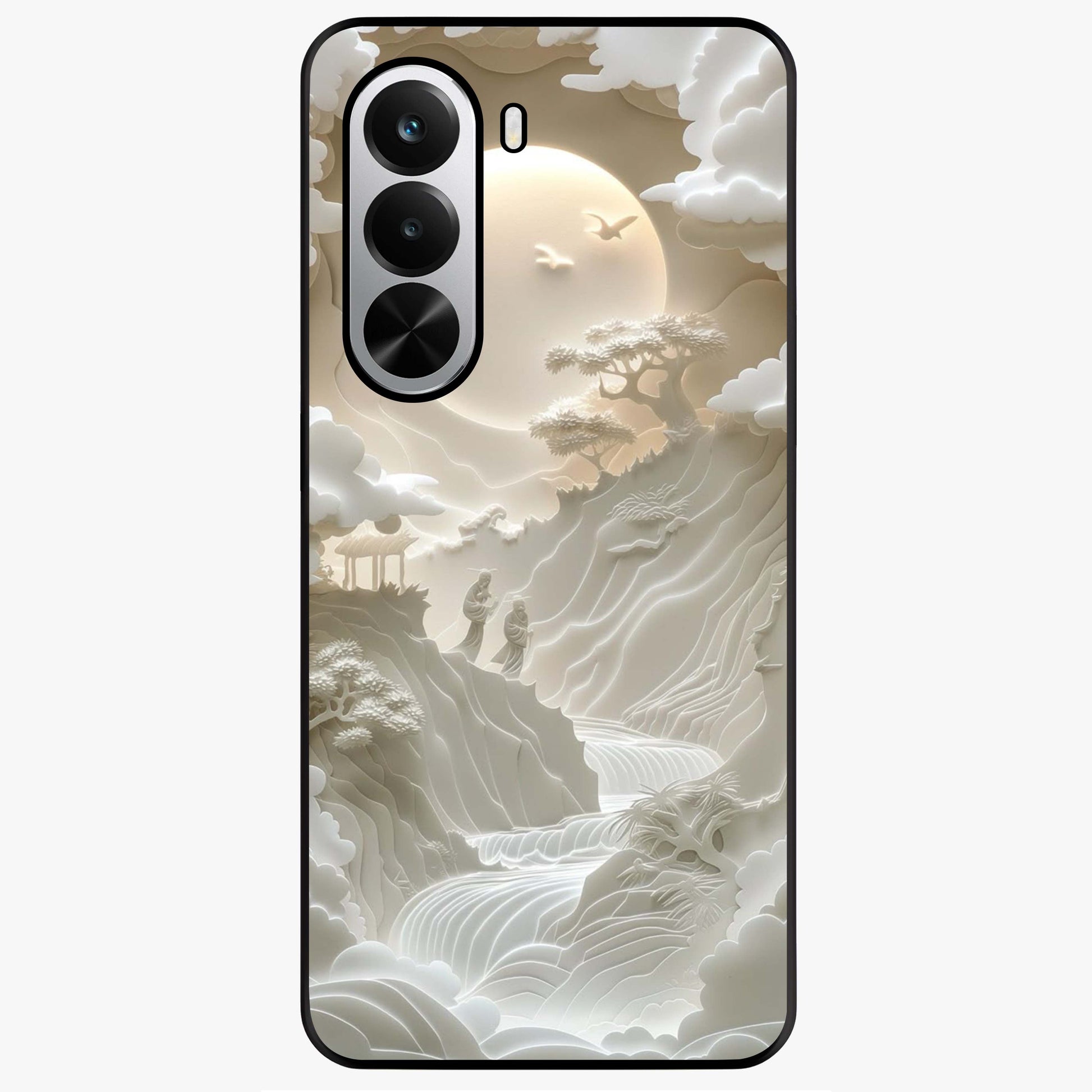 Celestial Origami Glass Case showing flat back view with artistic origami inspired celestial artwork and glossy glass finish.
