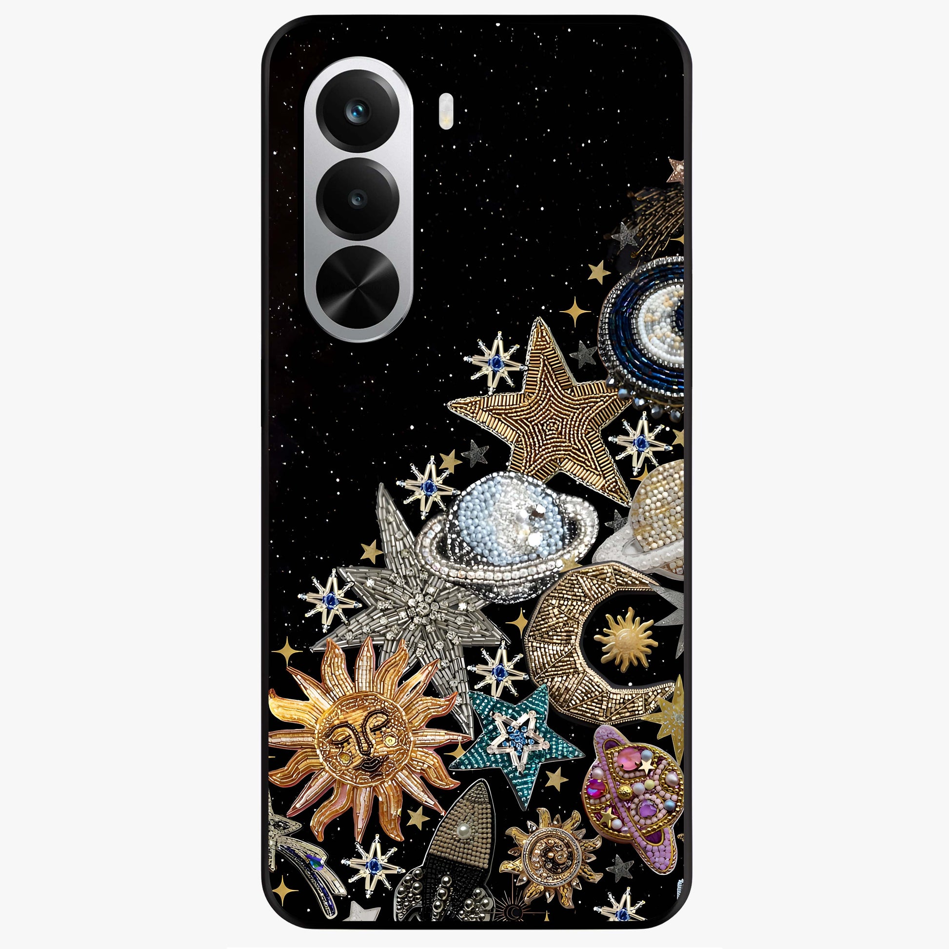 Cosmic Sparkle Dreams Glass Case showing flat back view with sparkling cosmic artwork and glossy glass finish.
