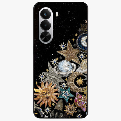 Cosmic Sparkle Dreams Glass Case showing flat back view with sparkling cosmic artwork and glossy glass finish.