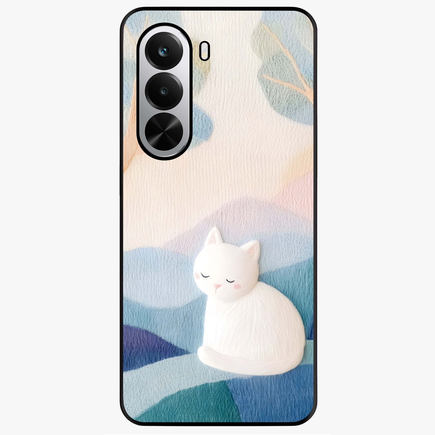 Cotton Dream Cat Glass Case showing flat back view with soft dreamy cat artwork and glossy glass finish.