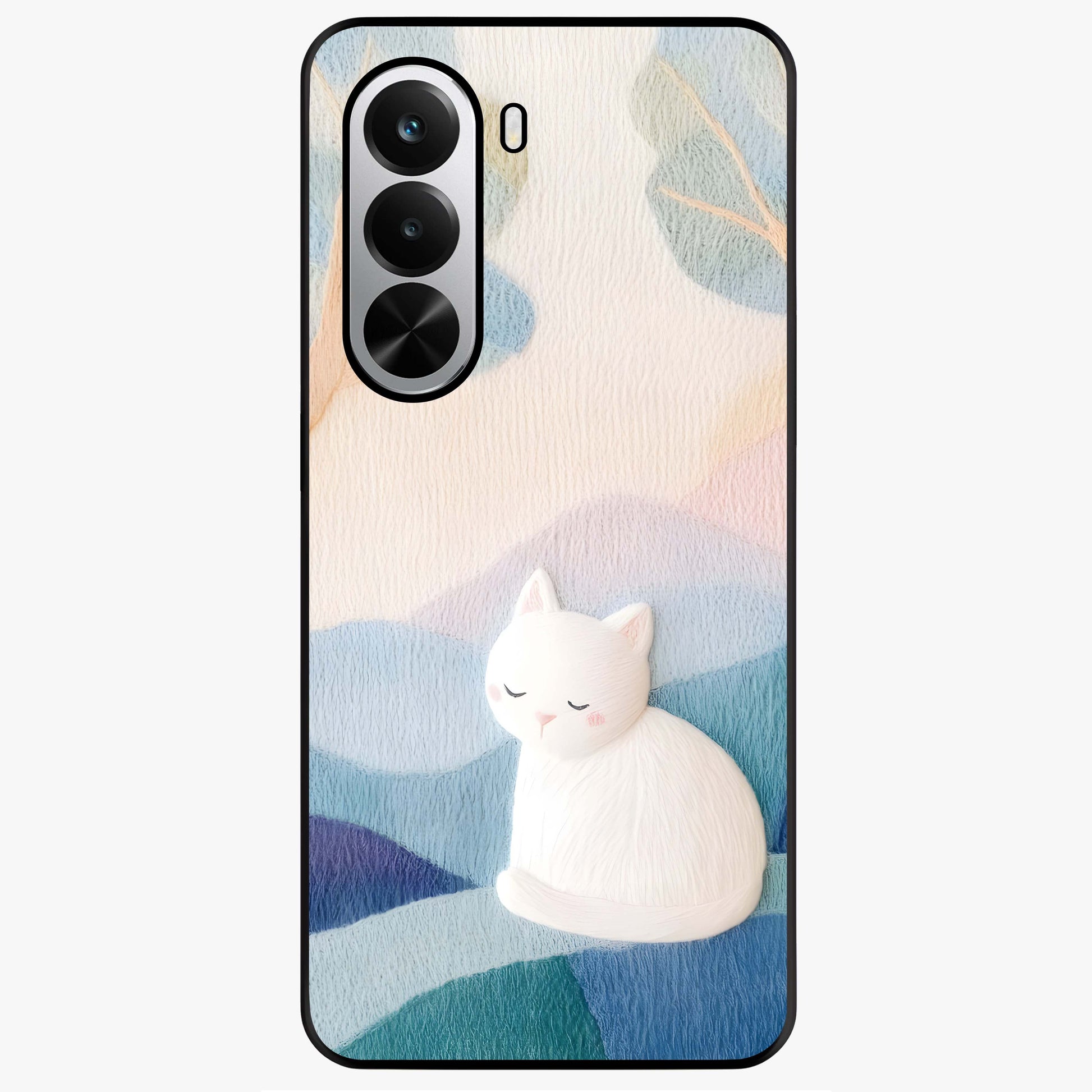 Cotton Dream Cat Glass Case showing flat back view with soft dreamy cat artwork and glossy glass finish.