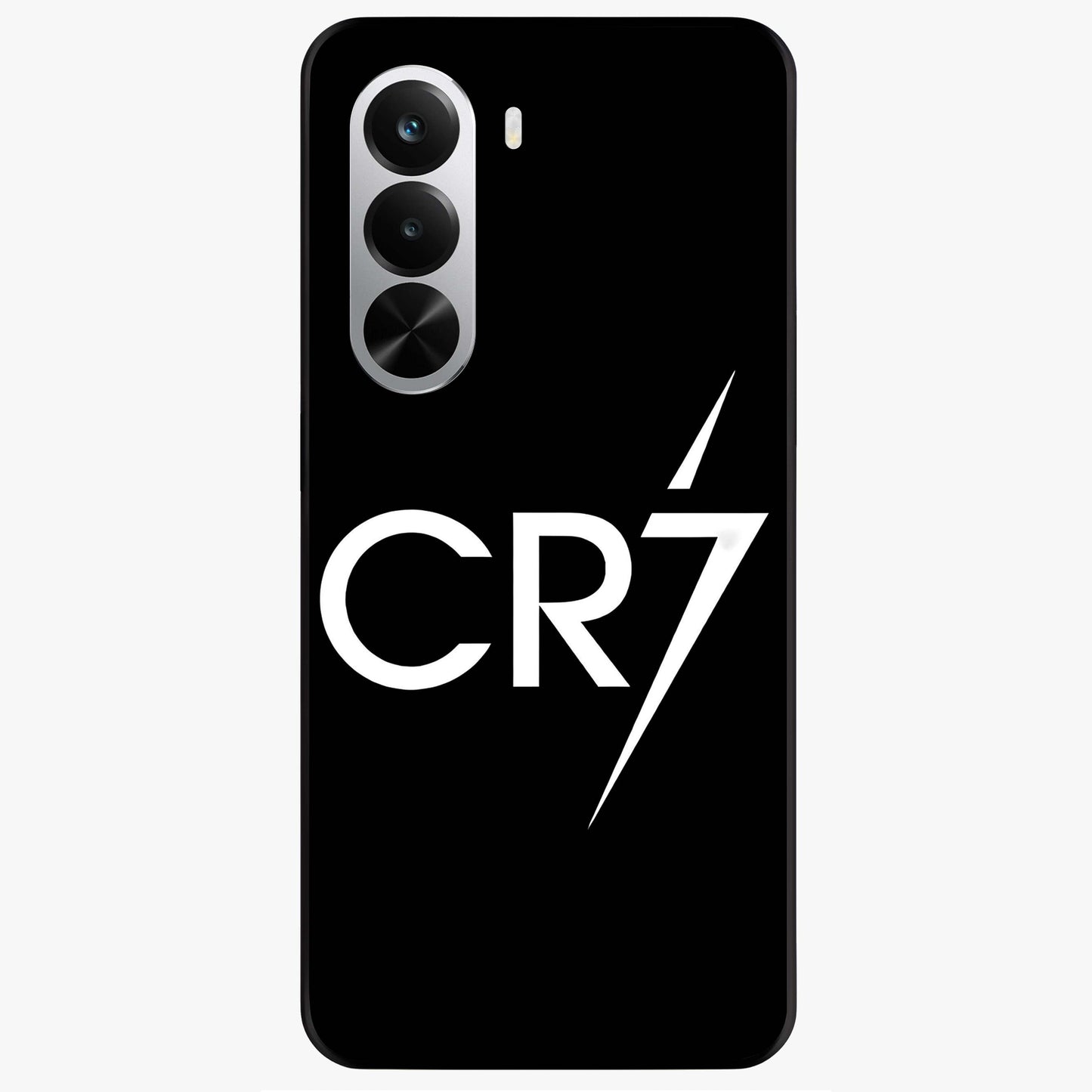 Cr7 Elite Strike Glass Case showing flat back view with dynamic football inspired artwork and glossy glass finish.