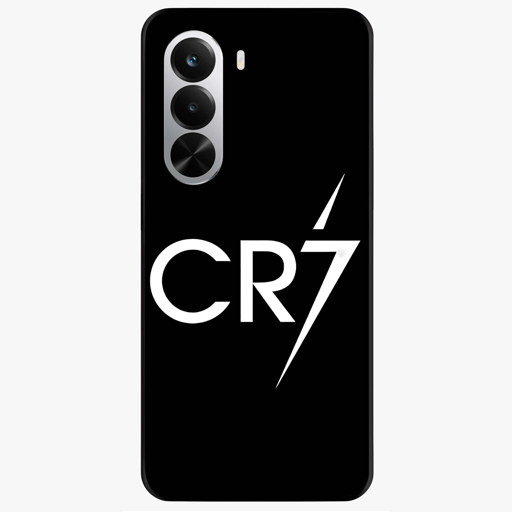 Cr7 Elite Strike Glass Case showing flat back view with dynamic football inspired artwork and glossy glass finish.