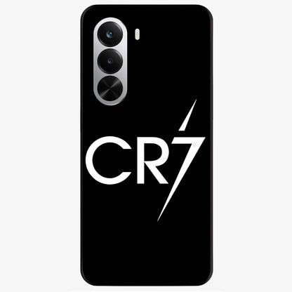 Cr7 Elite Strike Glass Case showing flat back view with dynamic football inspired artwork and glossy glass finish.