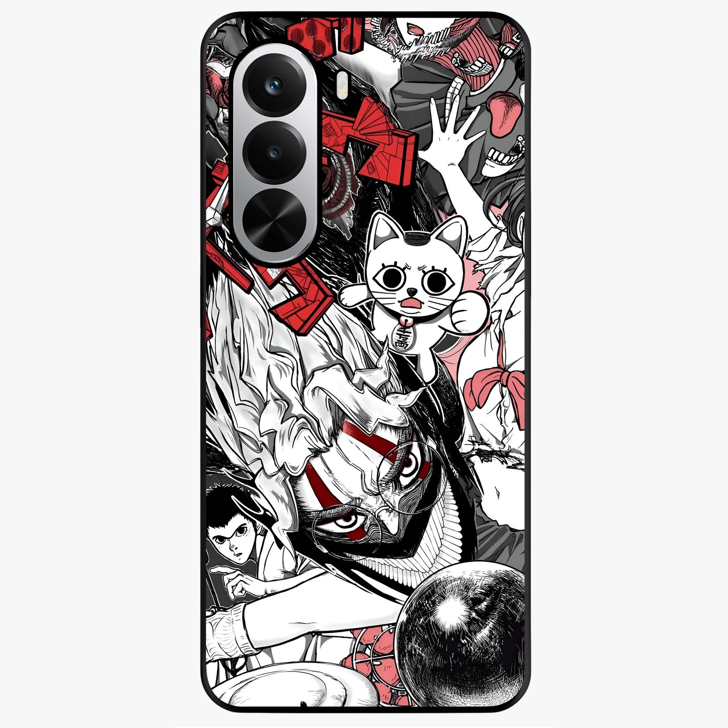 Crimson Chaos Panel Glass Case showing flat back view with bold crimson abstract artwork and glossy glass finish.
