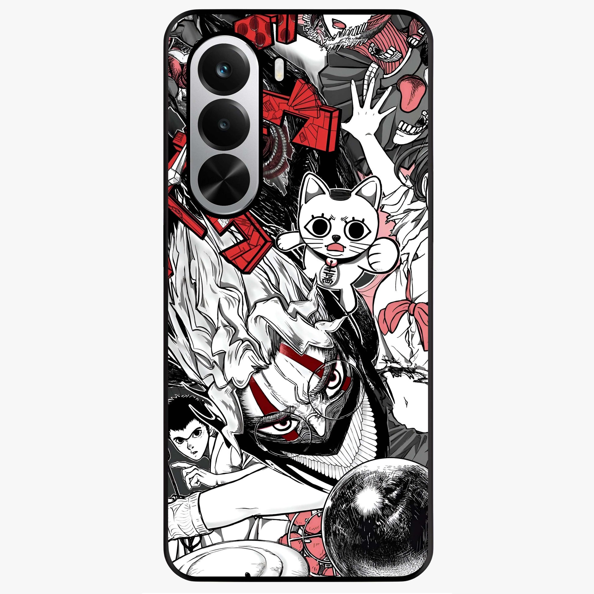Crimson Chaos Panel Glass Case showing flat back view with bold crimson abstract artwork and glossy glass finish.