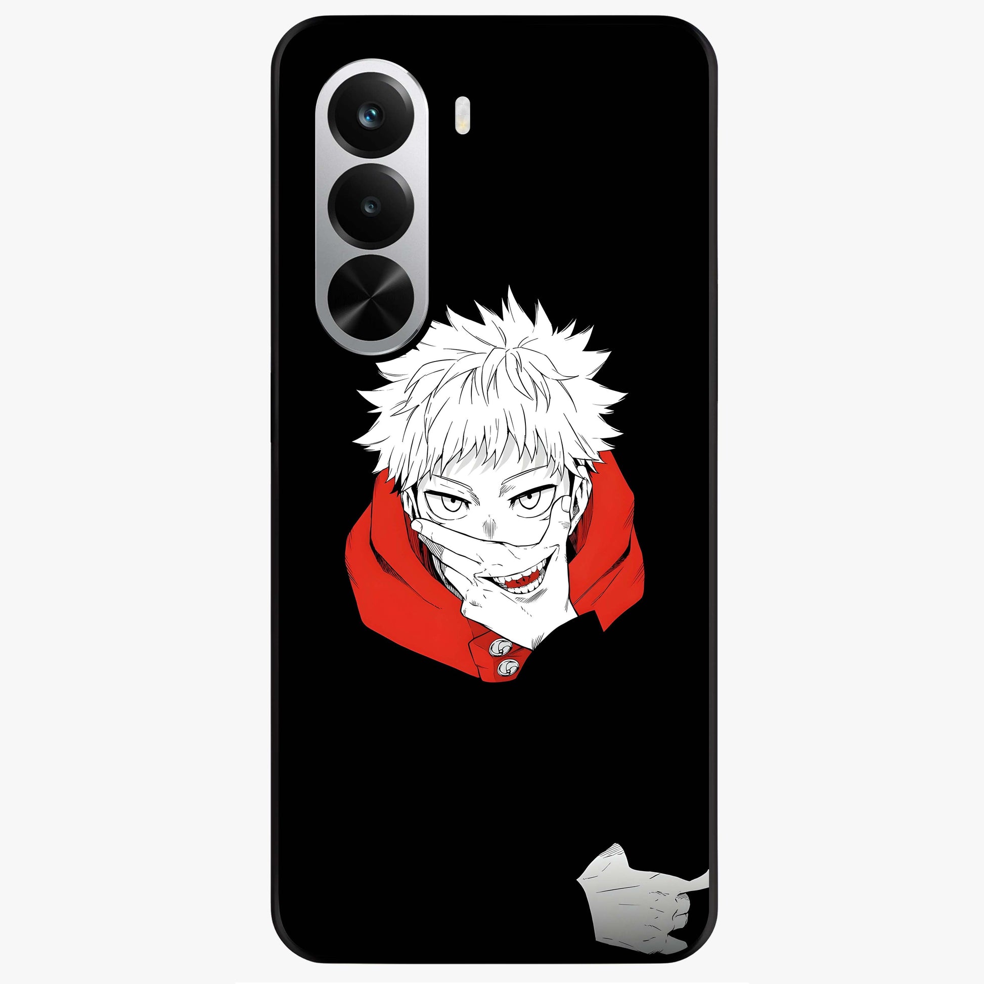 Crimson Chaos Smile Glass Case showing flat back view with bold chaotic smile artwork and glossy glass finish.