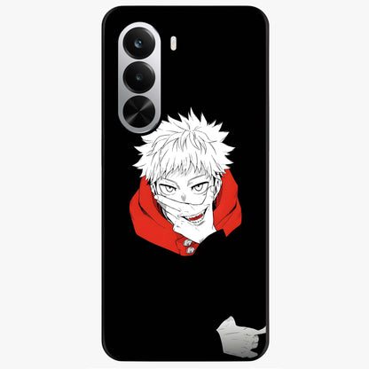 Crimson Chaos Smile Glass Case showing flat back view with bold chaotic smile artwork and glossy glass finish.