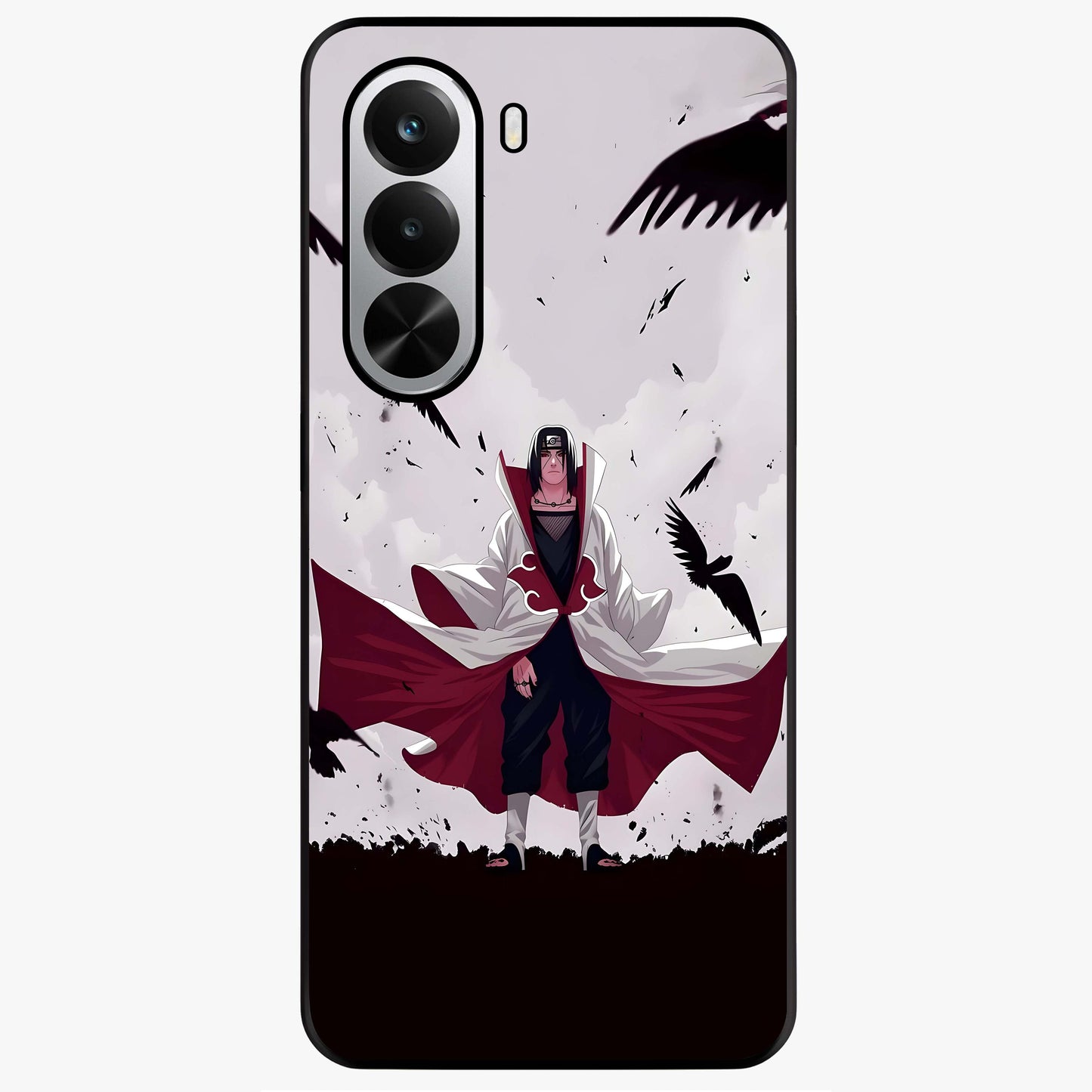 Crimson Crow Ascension Glass Case showing flat back view with mystical crow artwork and glossy glass finish.