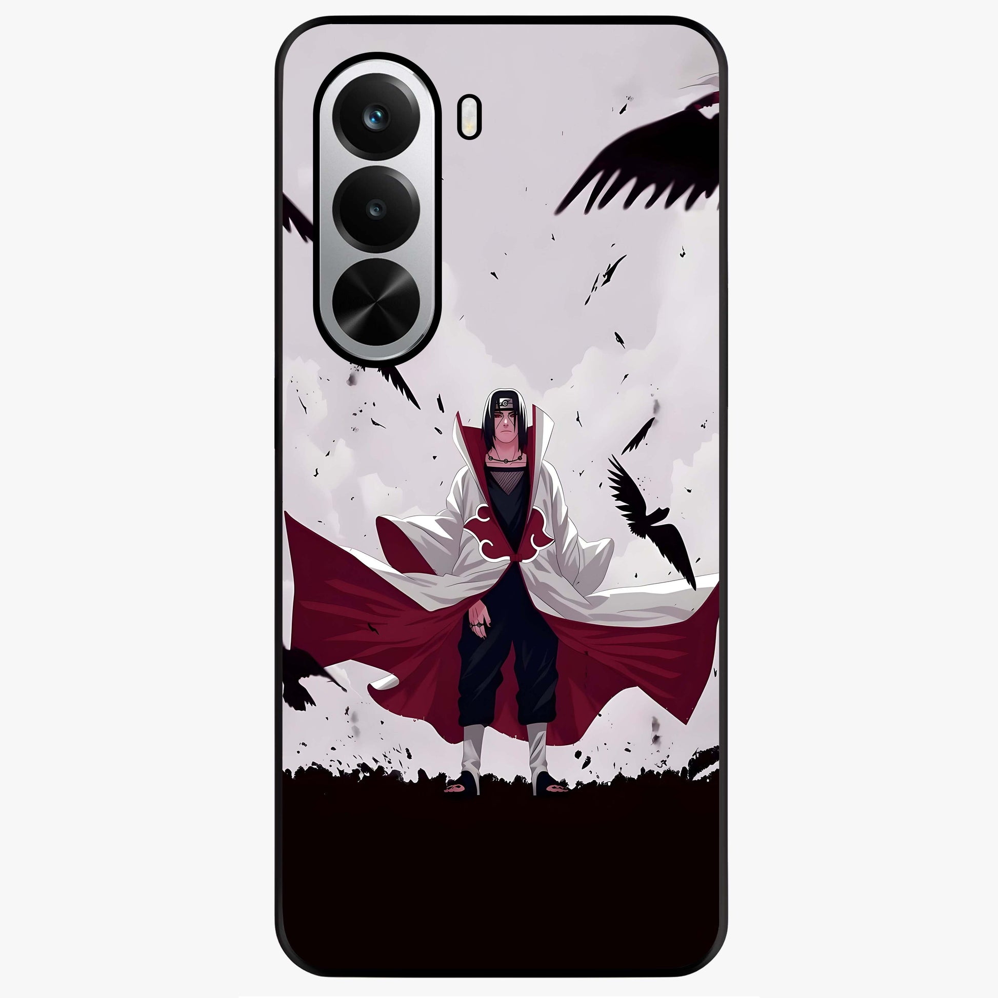 Crimson Crow Ascension Glass Case showing flat back view with mystical crow artwork and glossy glass finish.