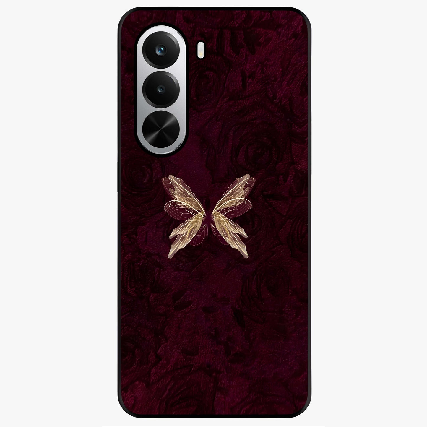Crimson Fade Butterfly Glass Case showing flat back view with fading butterfly artwork and glossy glass finish.