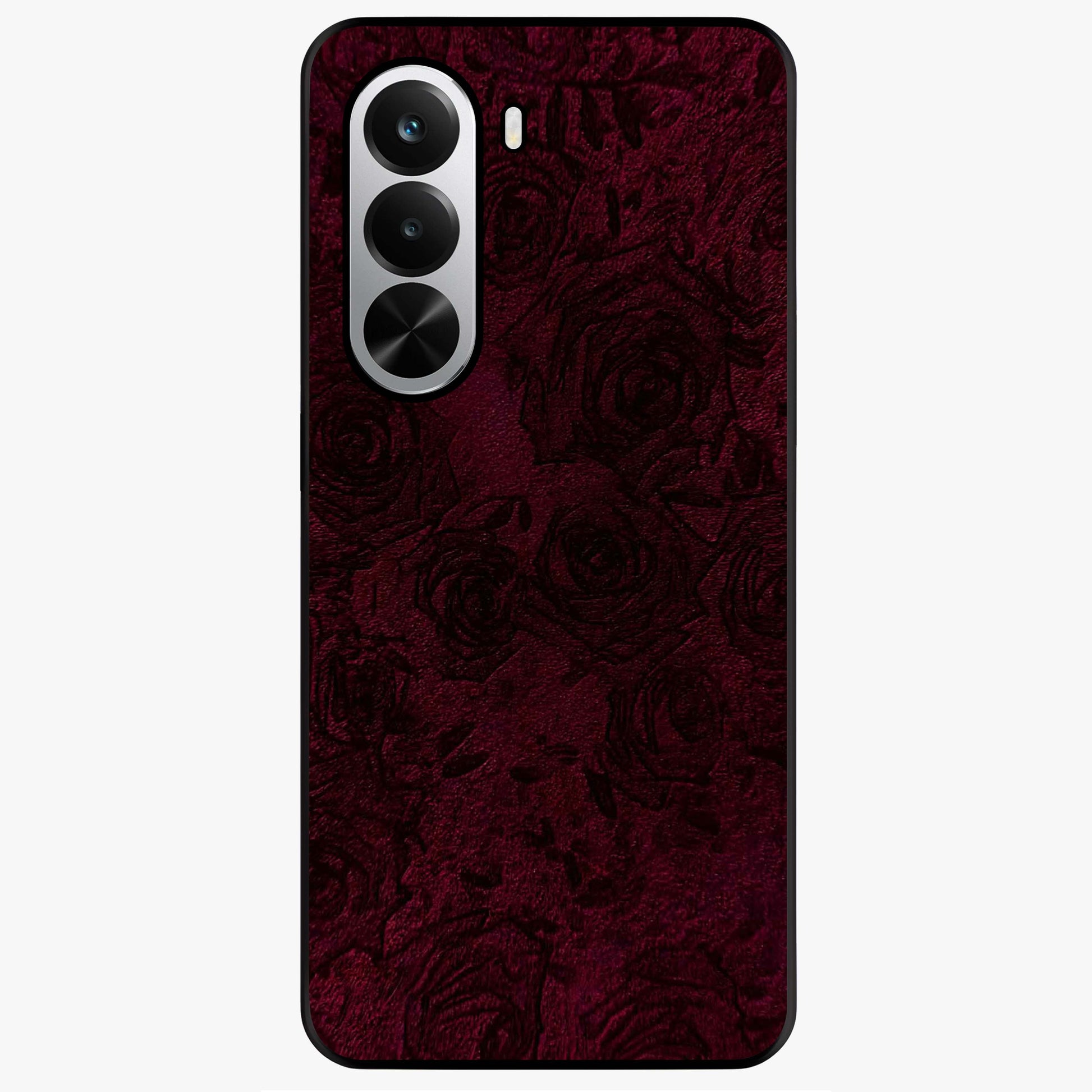 Crimson Fade Flow Glass Case showing flat back view with flowing crimson gradient artwork and glossy glass finish.