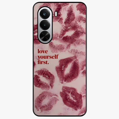 Crimson Kiss Love Glass Case showing flat back view with romantic crimson themed artwork and glossy glass finish.
