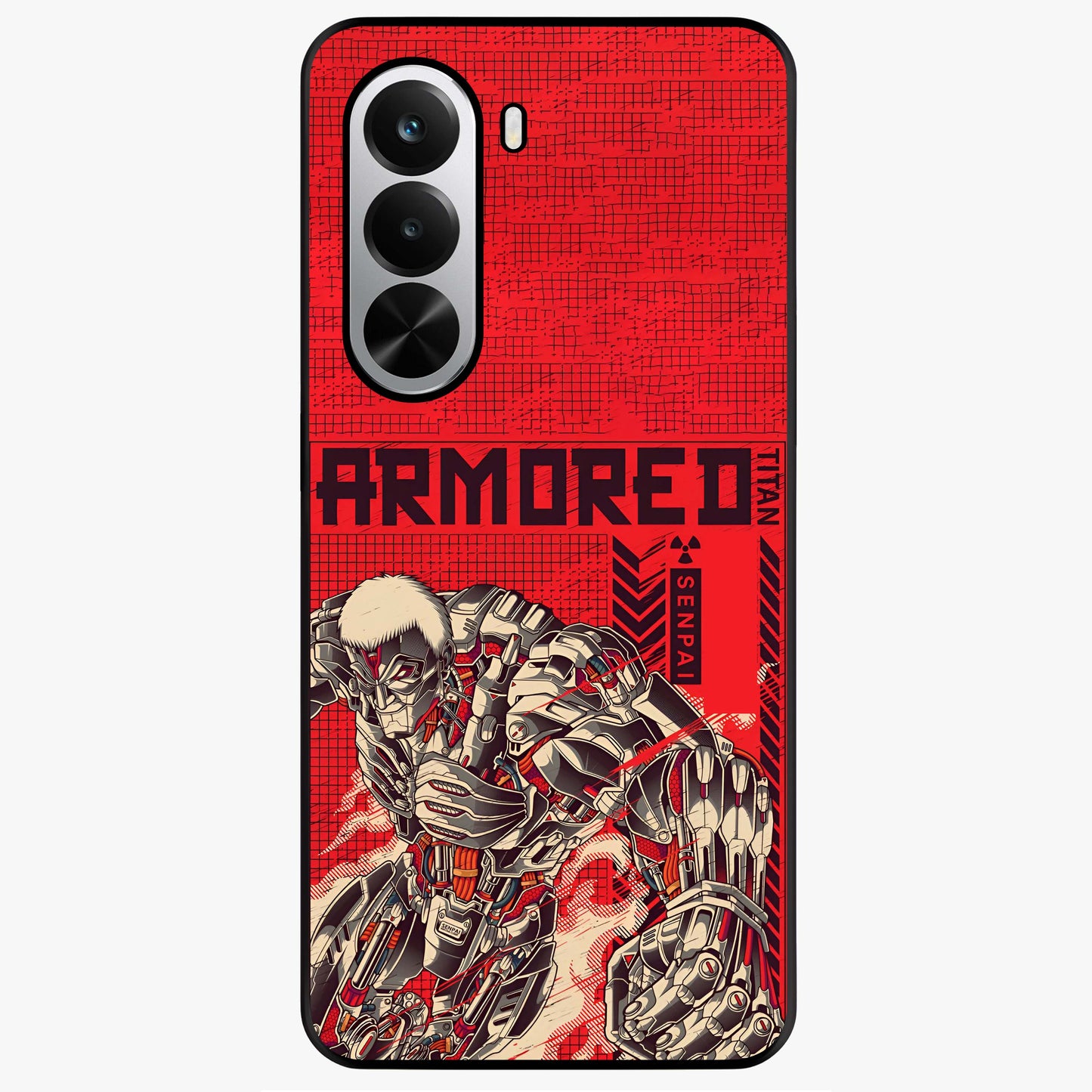 Crimson Mecha Titan Glass Case showing flat back view with powerful mech titan artwork and glossy glass finish.