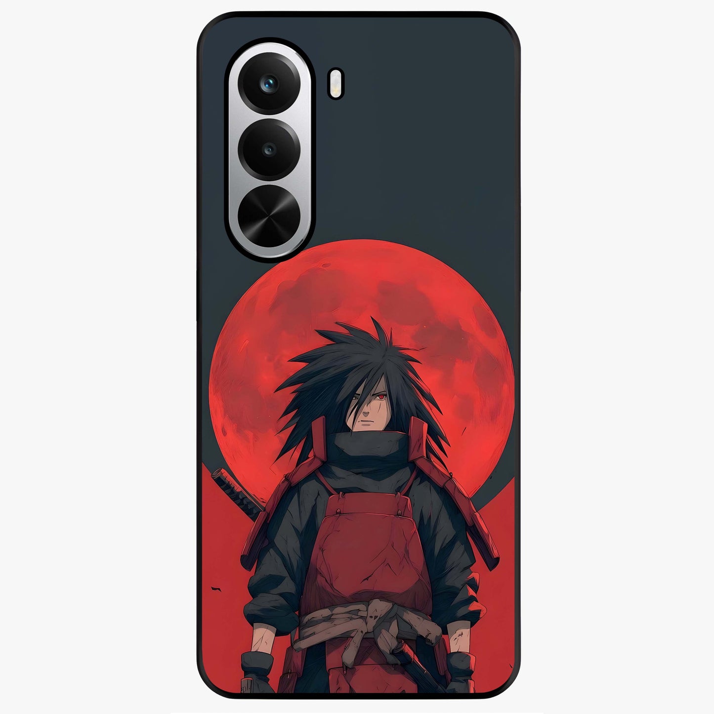 Crimson Moon Warlord Glass Case showing flat back view with mystical moon warrior artwork and glossy glass finish.