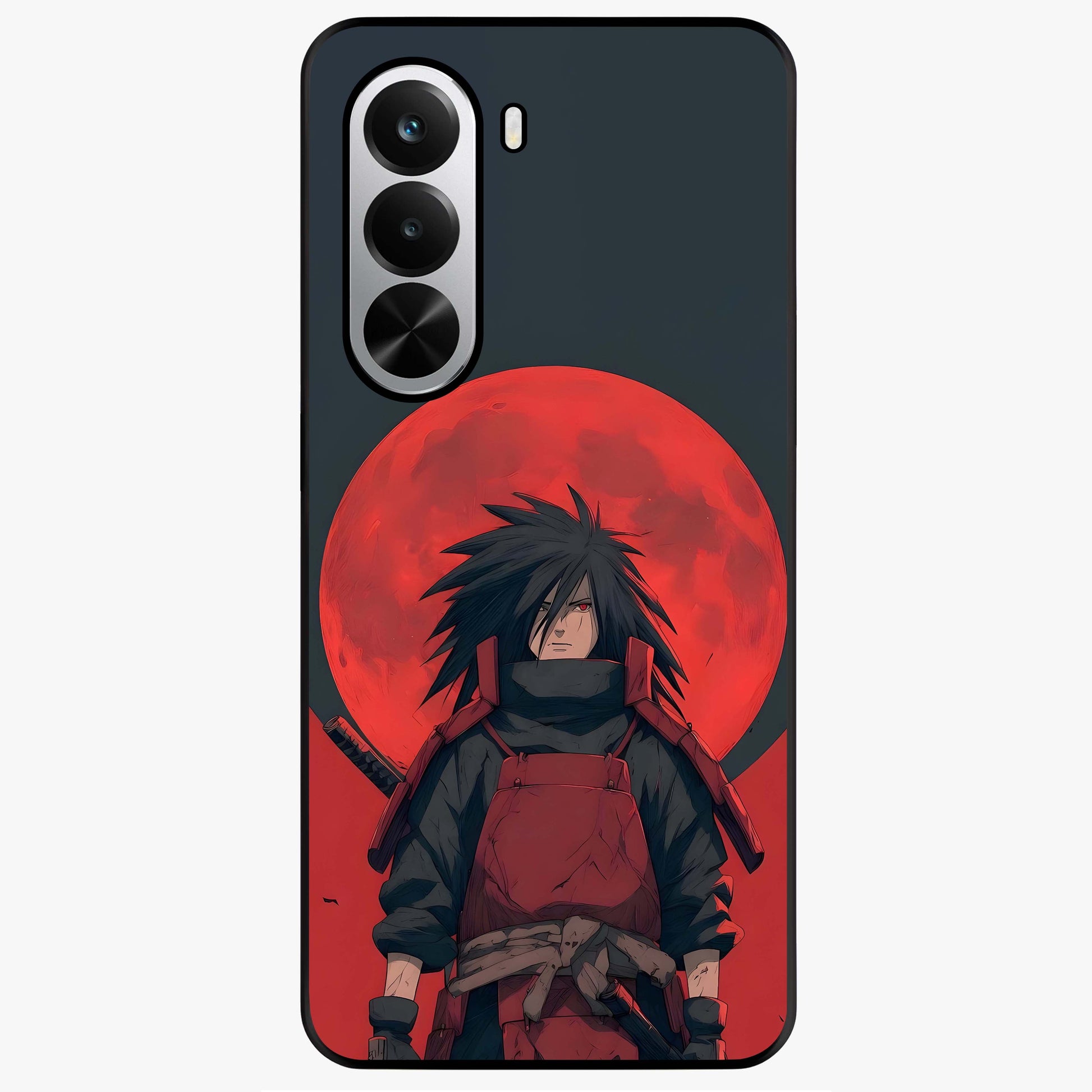 Crimson Moon Warlord Glass Case showing flat back view with mystical moon warrior artwork and glossy glass finish.