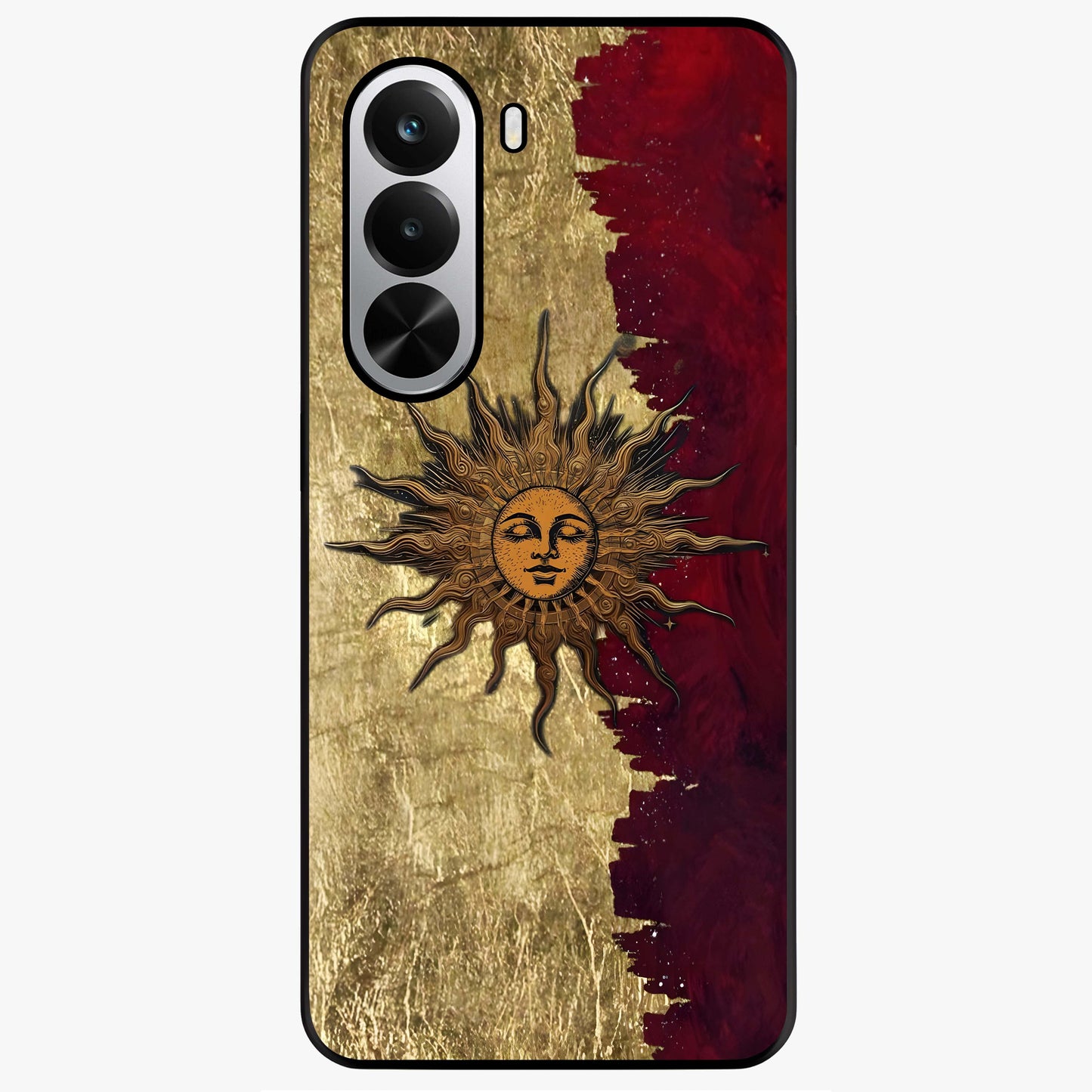 Crimson Sun Majesty Glass Case showing flat back view with radiant sun inspired artwork and glossy glass finish.