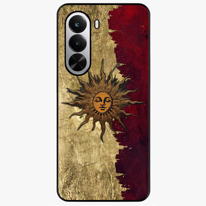 Crimson Sun Majesty Glass Case showing flat back view with radiant sun inspired artwork and glossy glass finish.