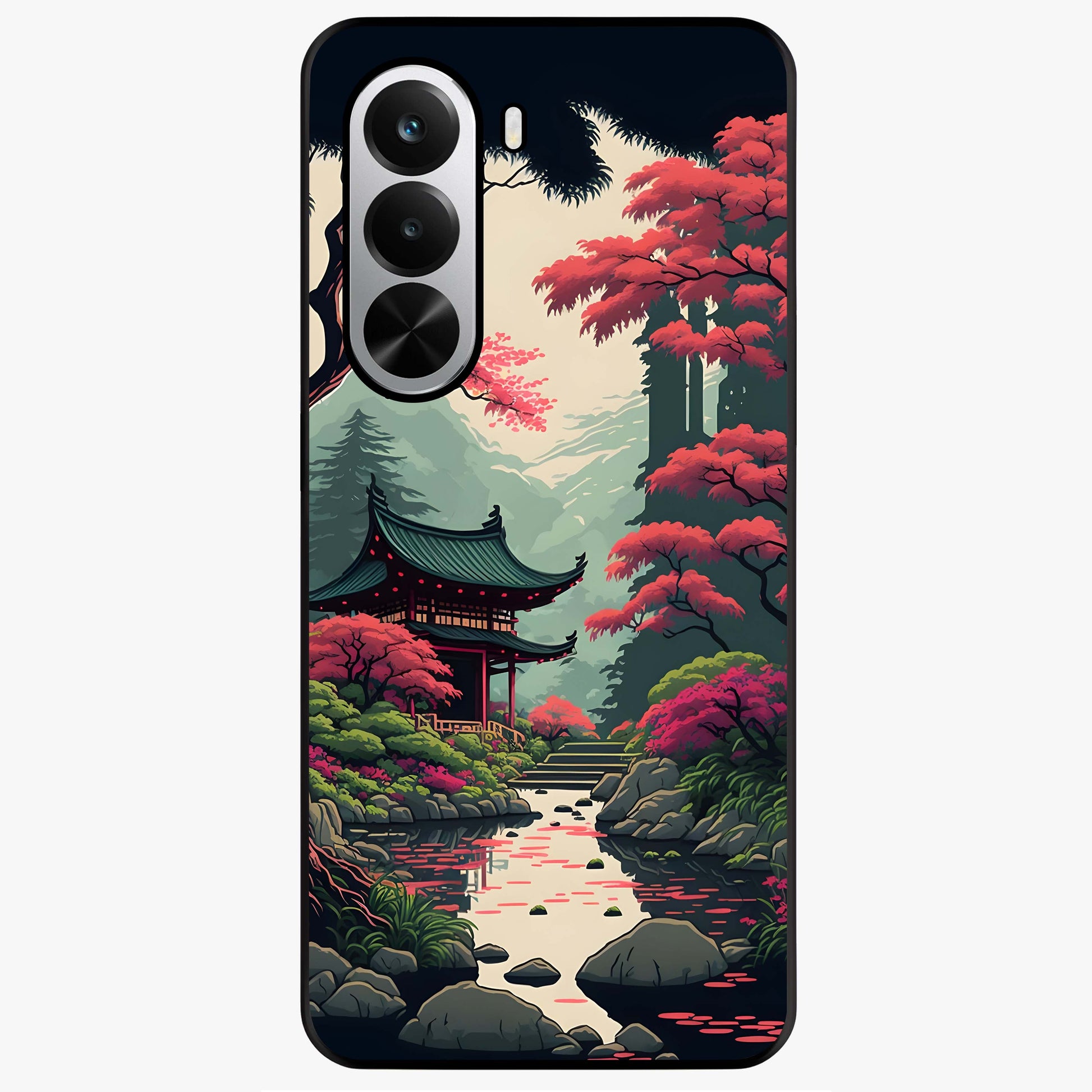 Crimson Temple View Glass Case showing flat back view with temple inspired artwork and glossy glass finish.