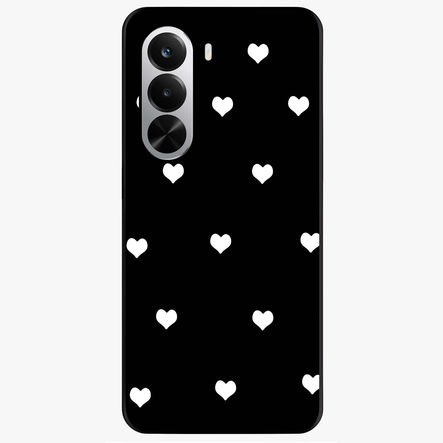 Cute And Simple White Hearts Glass Case showing flat back view with minimal white heart pattern and glossy glass finish.