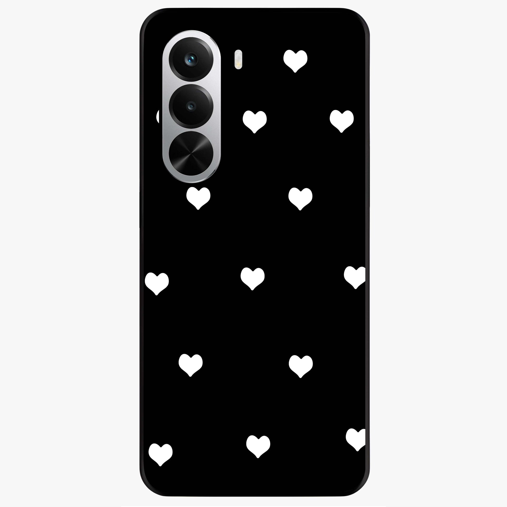 Cute And Simple White Hearts Glass Case showing flat back view with minimal white heart pattern and glossy glass finish.