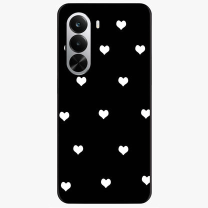Cute And Simple White Hearts Glass Case showing flat back view with minimal white heart pattern and glossy glass finish.