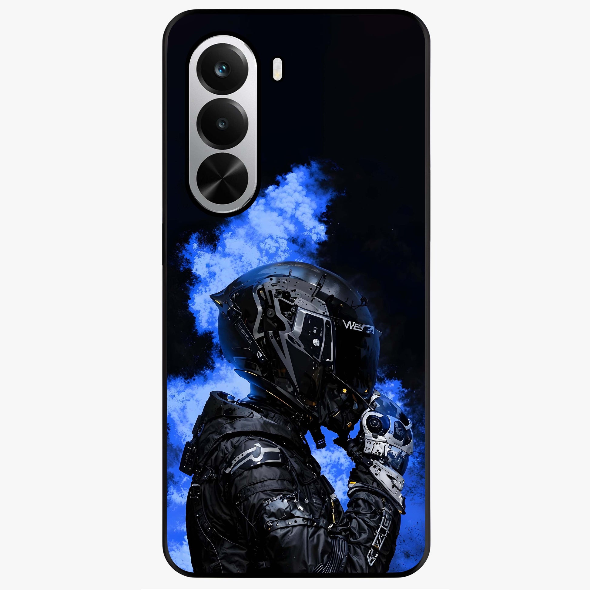 Cyber Sentinel Protocol Glass Case showing flat back view with futuristic cyber themed artwork and glossy glass finish.