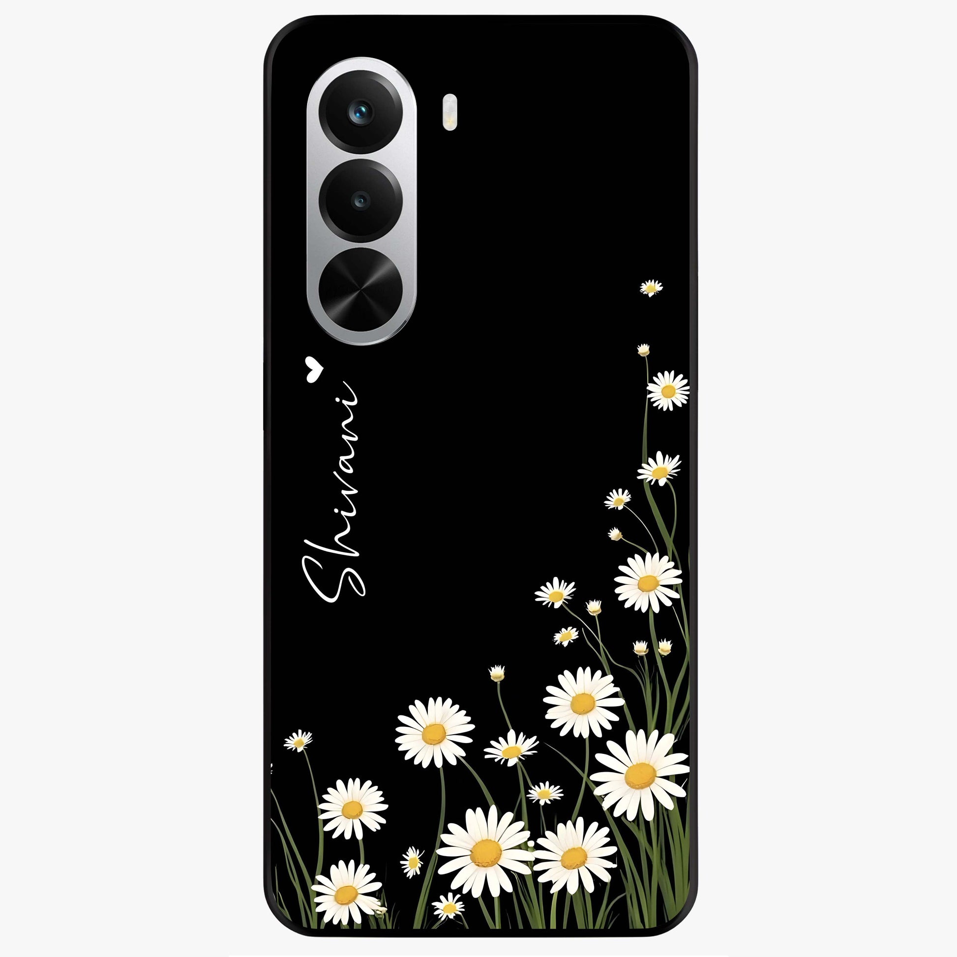 Daisy Cascade Custom Name Glass Case showing flat back view with cascading daisy flowers and personalized name design.