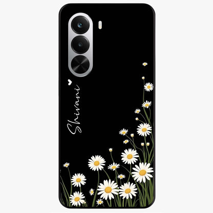 Daisy Cascade Custom Name Glass Case showing flat back view with cascading daisy flowers and personalized name design.
