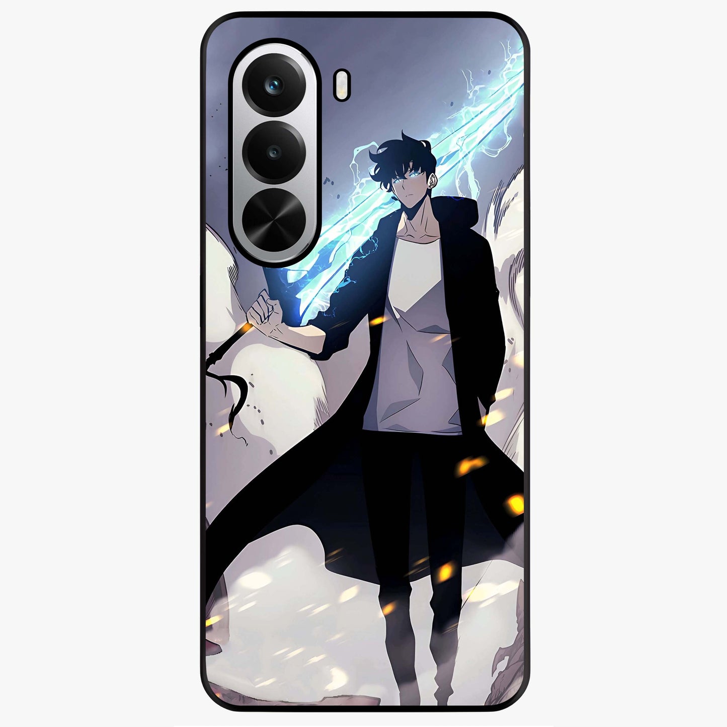 Dark Lightning Anime Warrior Glass Case showing flat back view with intense anime warrior artwork and glossy glass finish.