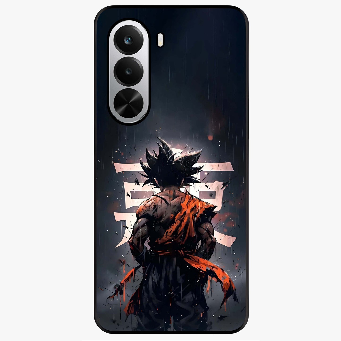 Dark Warrior In Rain Glass Case showing flat back view with warrior artwork in rainy atmosphere and glossy glass finish.