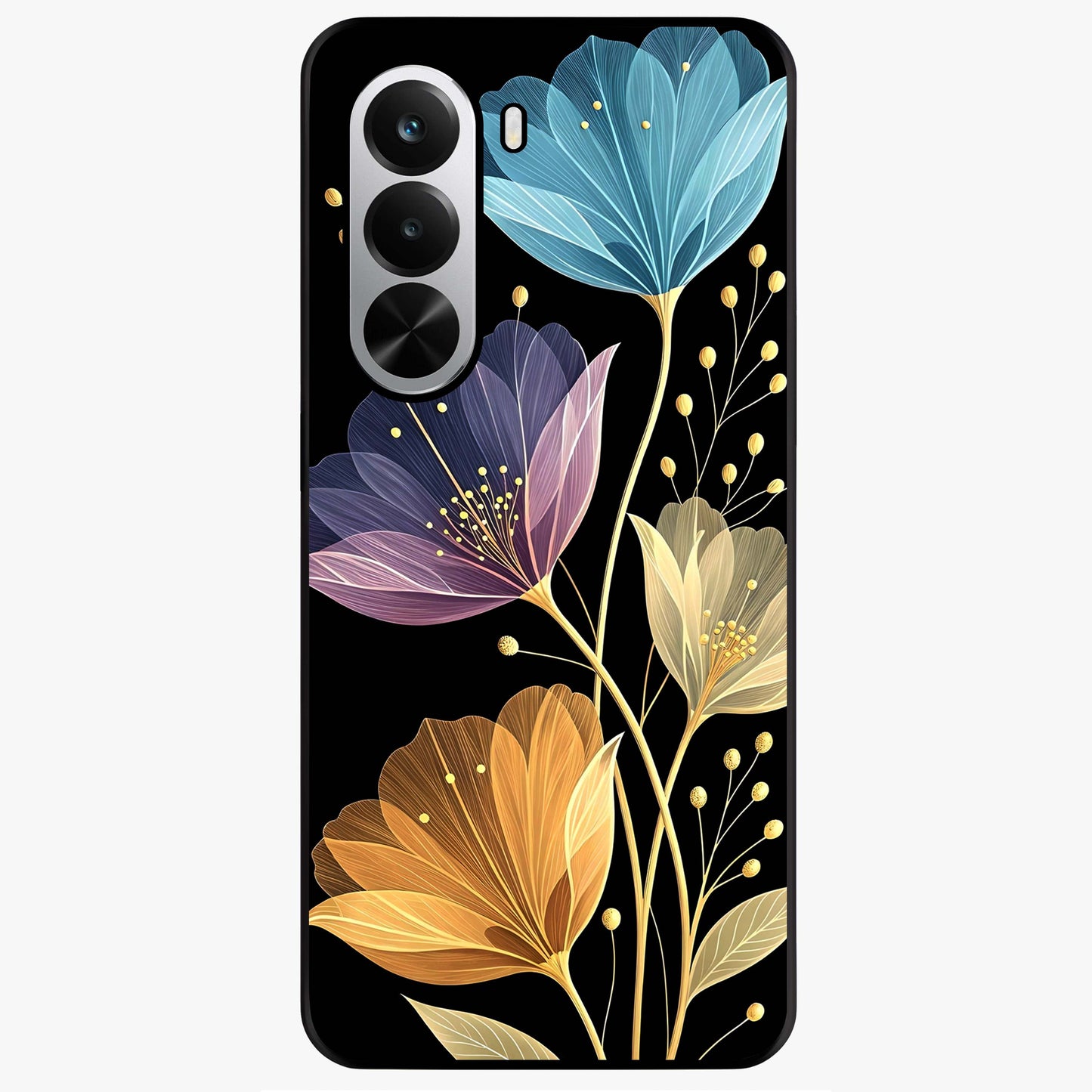 Delicate Multicolor Flowers Glass Case showing flat back view with vibrant floral artwork and glossy glass finish.