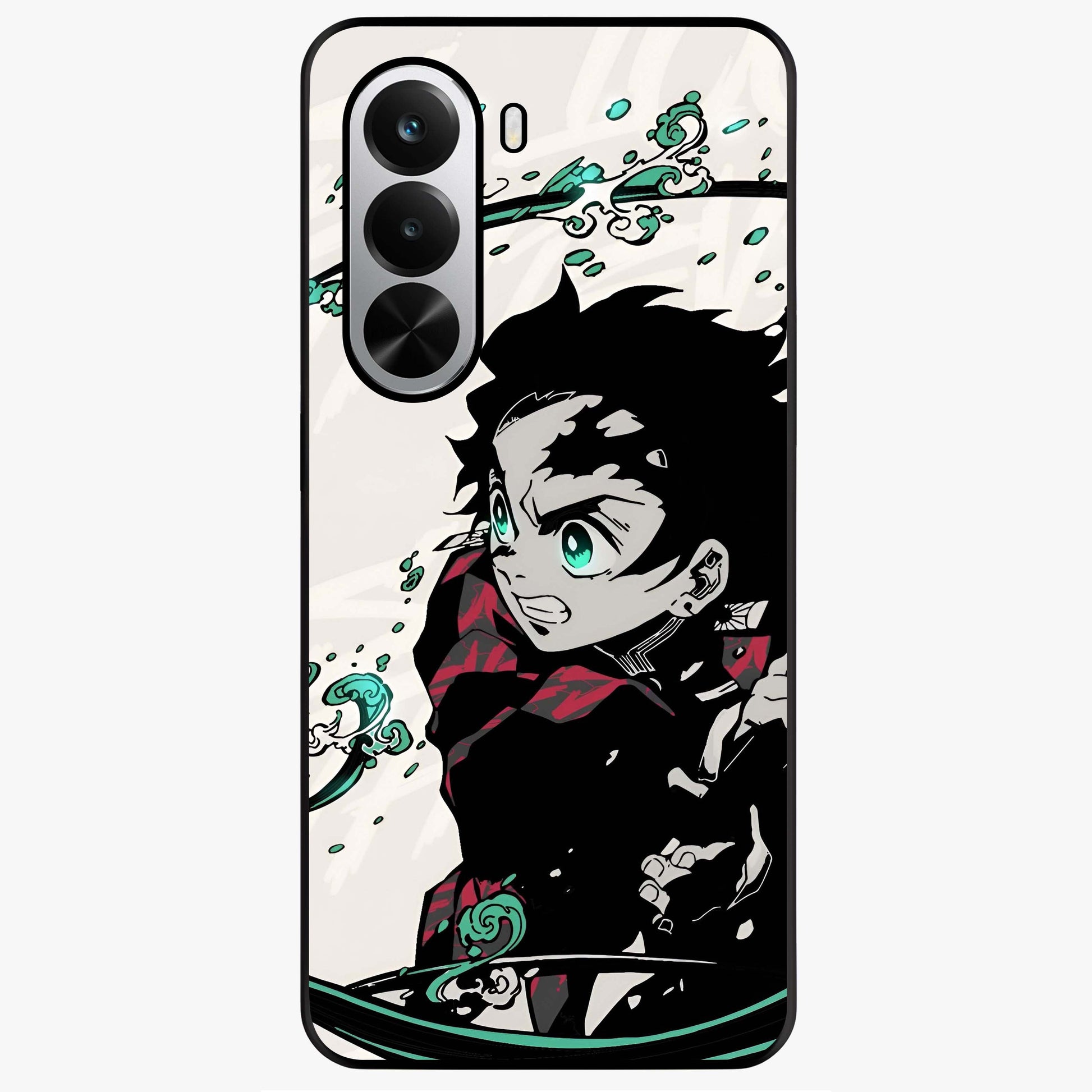 Demon Slayer Glass Case showing flat back view with bold anime inspired artwork and glossy glass finish.