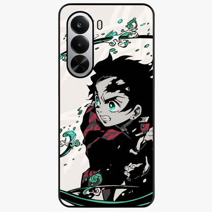 Demon Slayer Glass Case showing flat back view with bold anime inspired artwork and glossy glass finish.