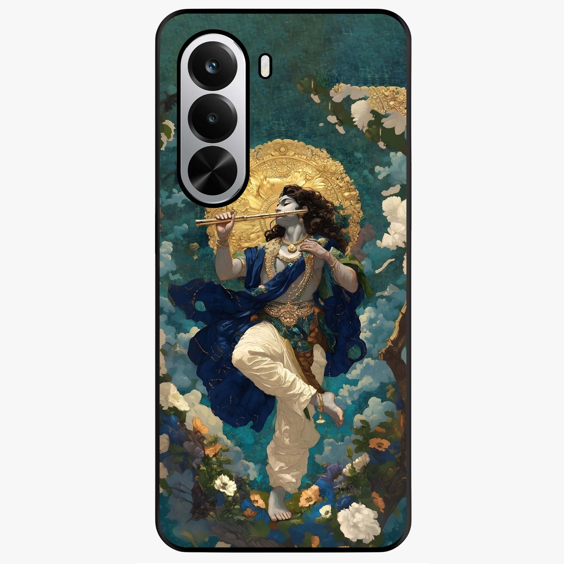 Divine Krishna Art Glass Case showing flat back view with Lord Krishna artwork and glossy glass finish.