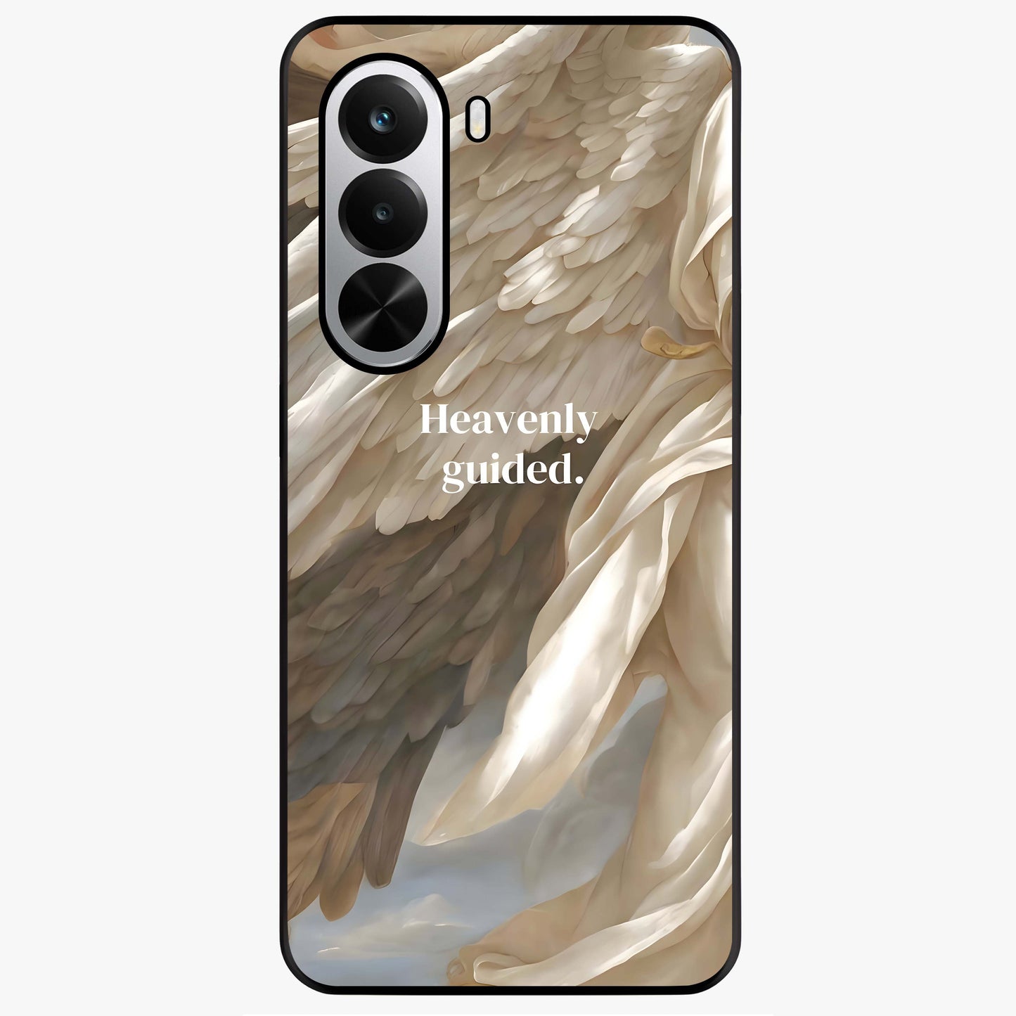 Divine Winged Grace Glass Case showing flat back view with elegant wing inspired artwork and glossy glass finish.