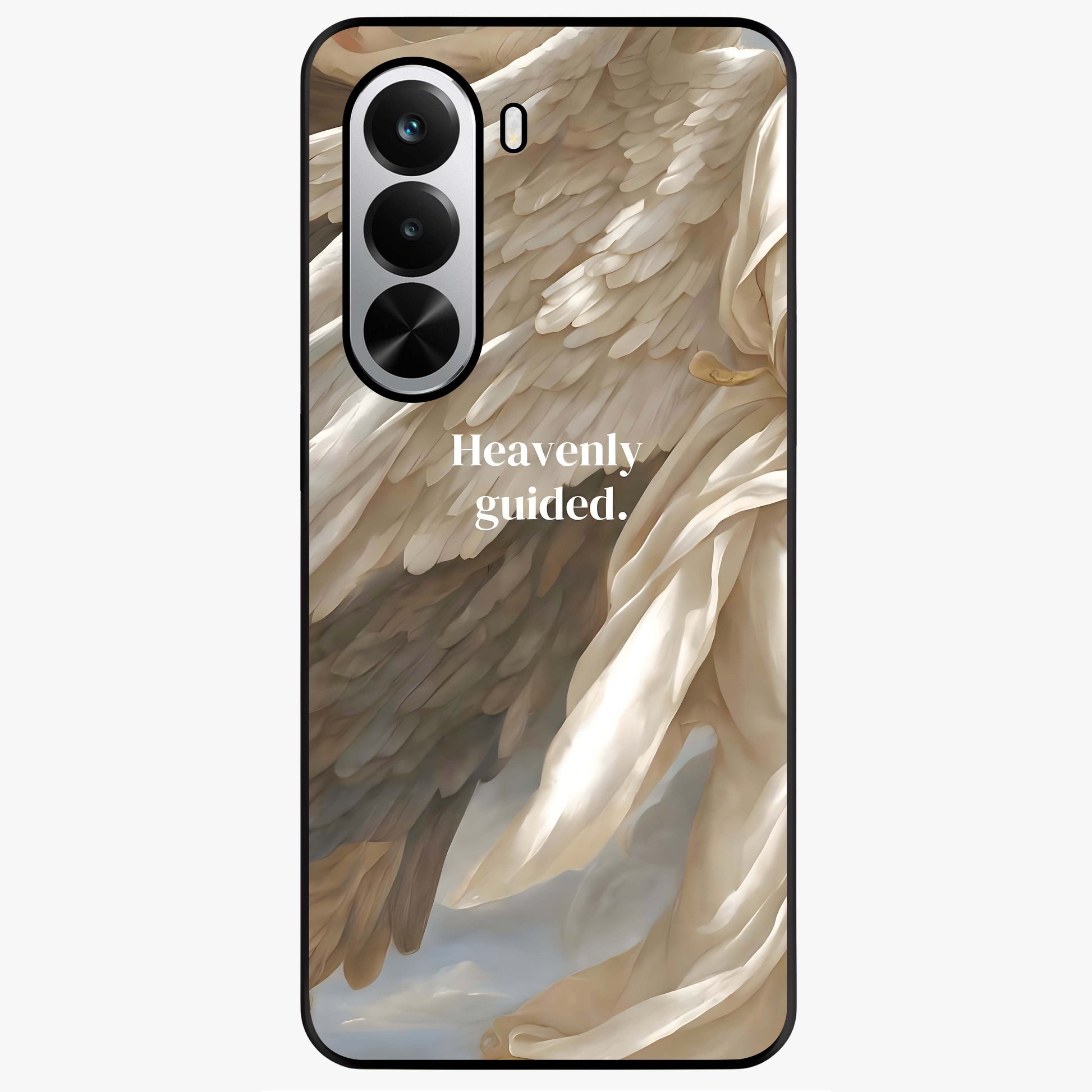 Divine Winged Grace Glass Case showing flat back view with elegant wing inspired artwork and glossy glass finish.