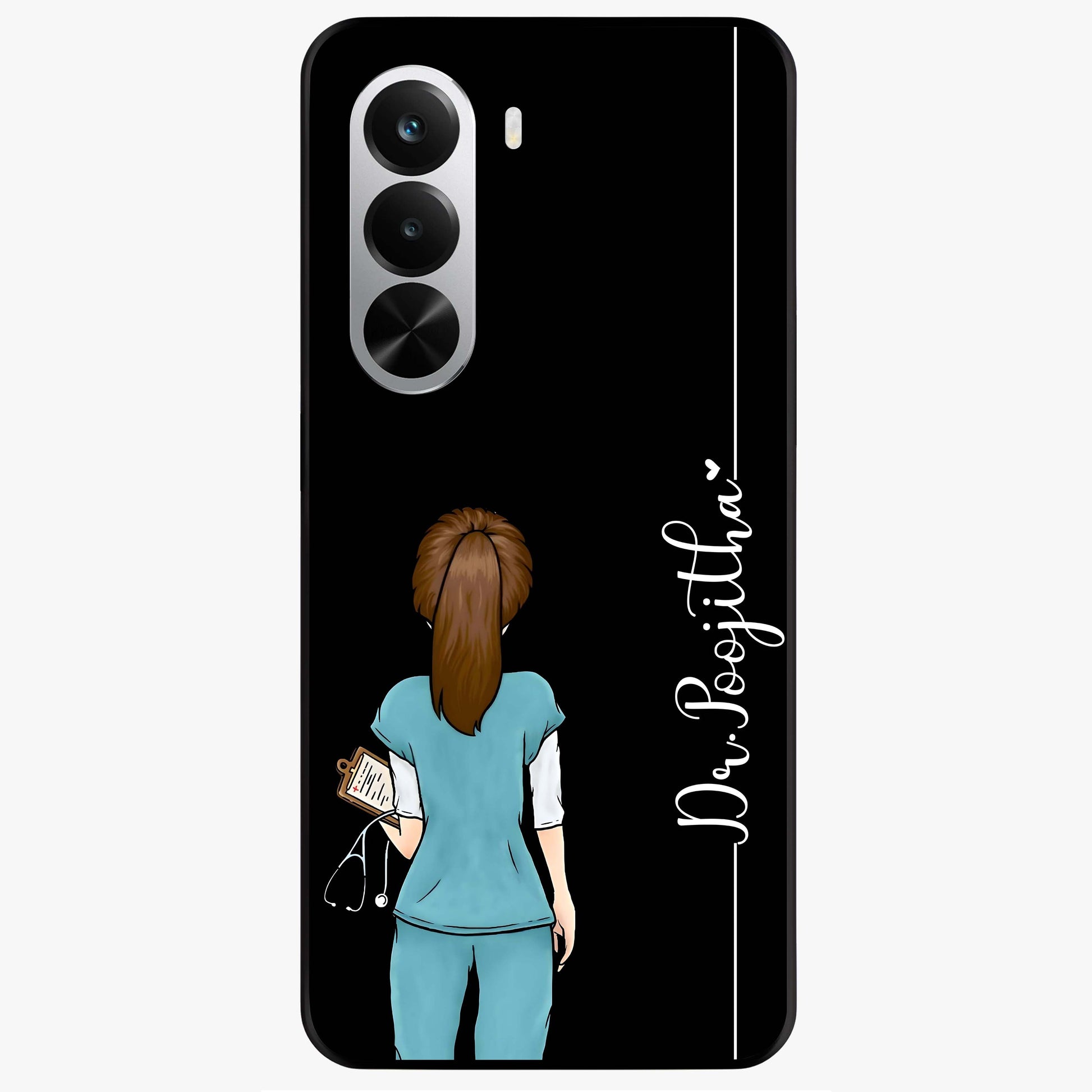 Doctor Pattern Custom Name Glass Case showing flat back view with medical themed pattern and personalized name design.
