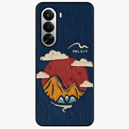 Dream Beyond Mountains Glass Case showing flat back view with scenic mountain landscape artwork and glossy glass finish.