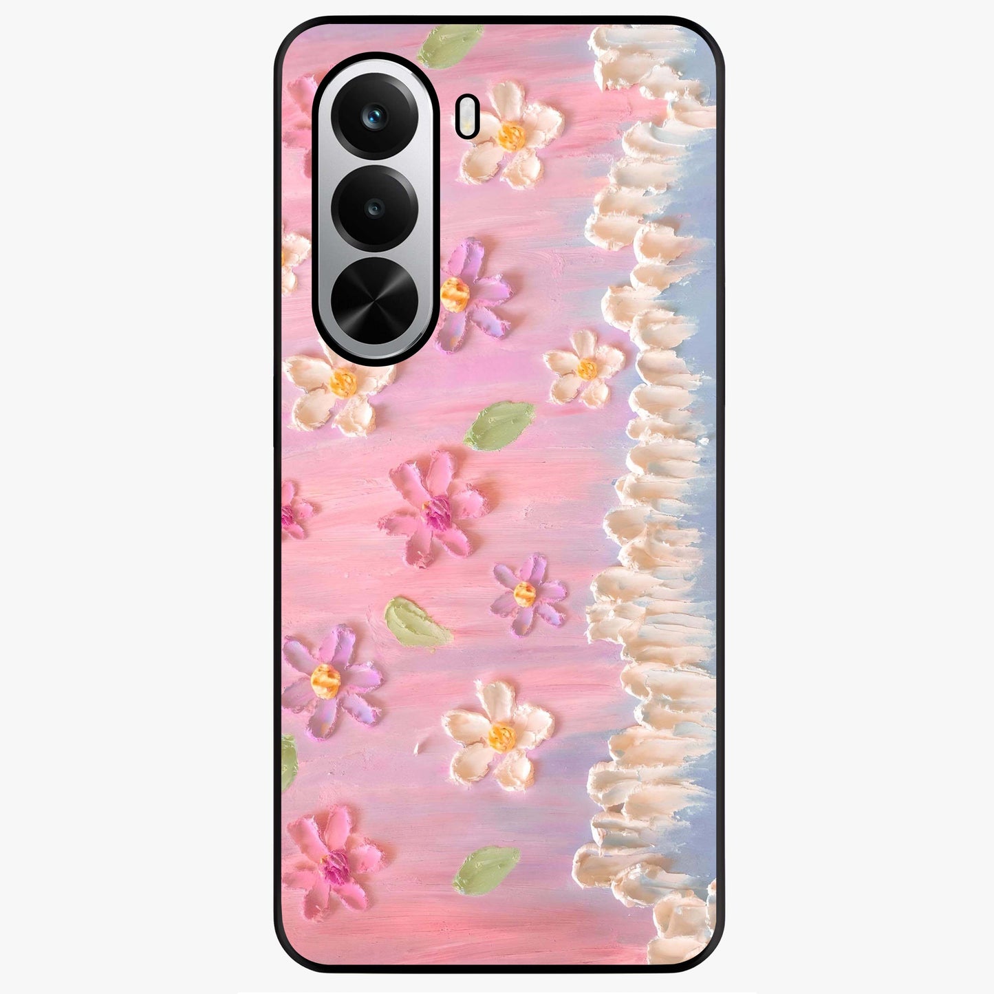 Dreamy Painted Garden Glass Case showing flat back view with artistic painted floral garden artwork and glossy glass finish.