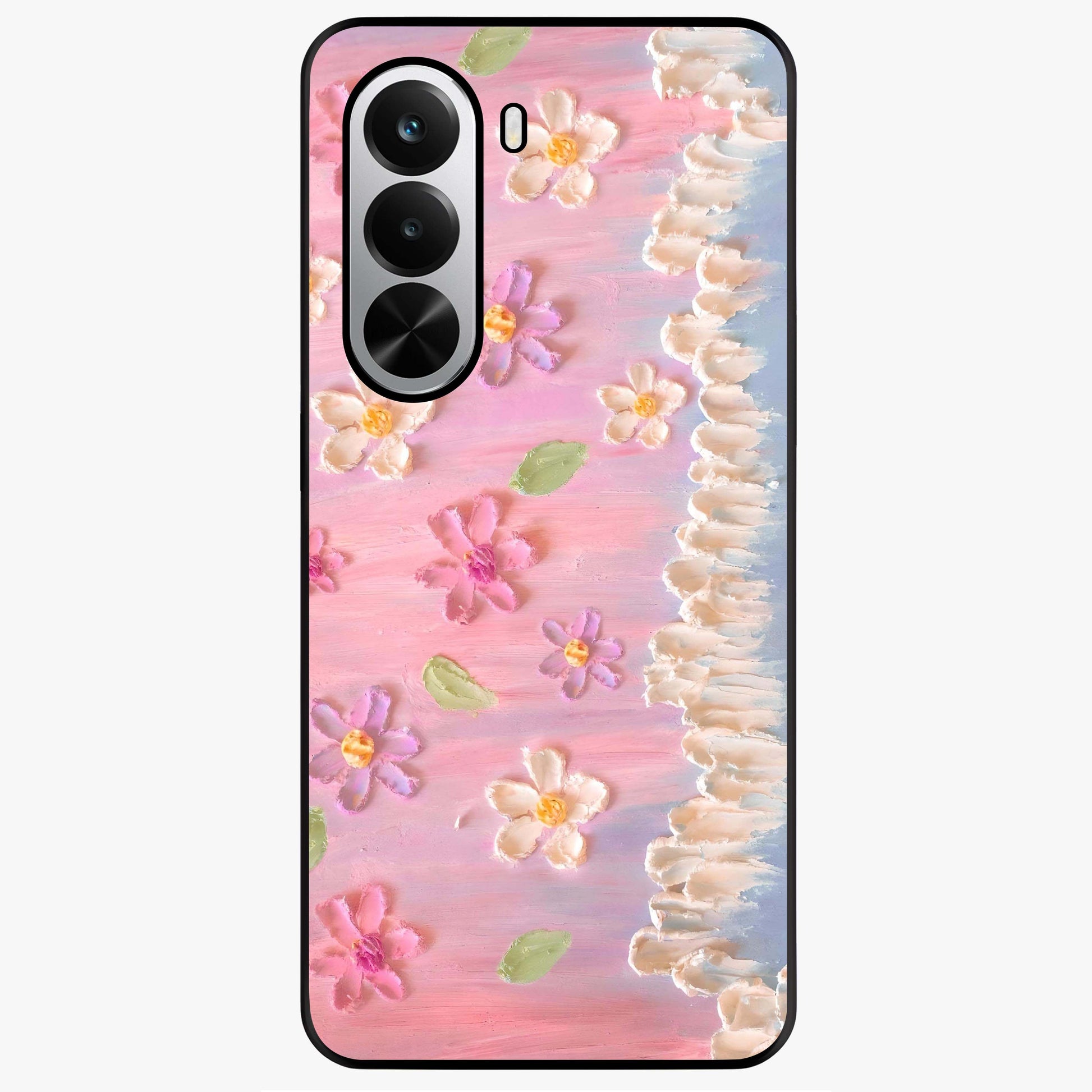 Dreamy Painted Garden Glass Case showing flat back view with artistic painted floral garden artwork and glossy glass finish.