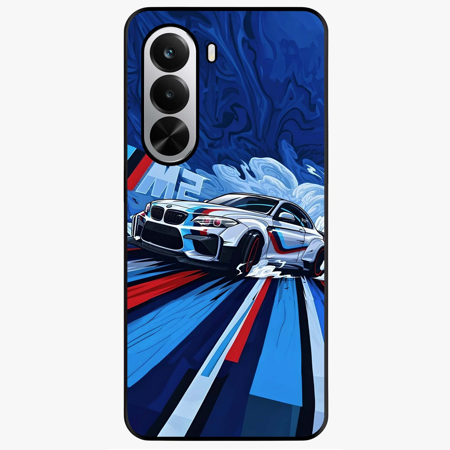 Drift Power Rush Glass Case showing flat back view with dynamic racing inspired artwork and glossy glass finish.